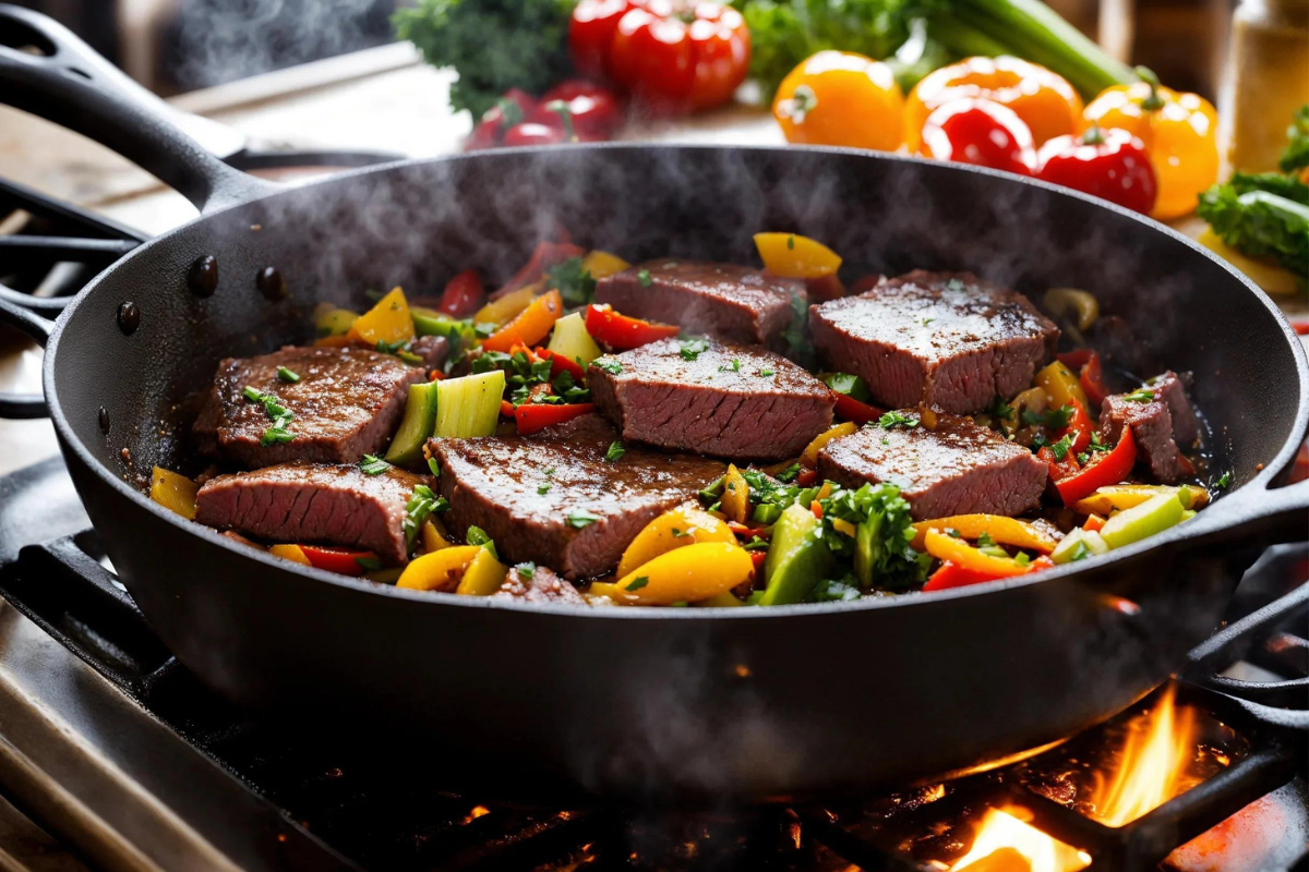 An iron skillet on a stove with flames, cooking thinly sliced beef and vegetables. The skillet is glowing red-hot, emphasizing the importance of high heat in Pepper Lunch's cooking method.