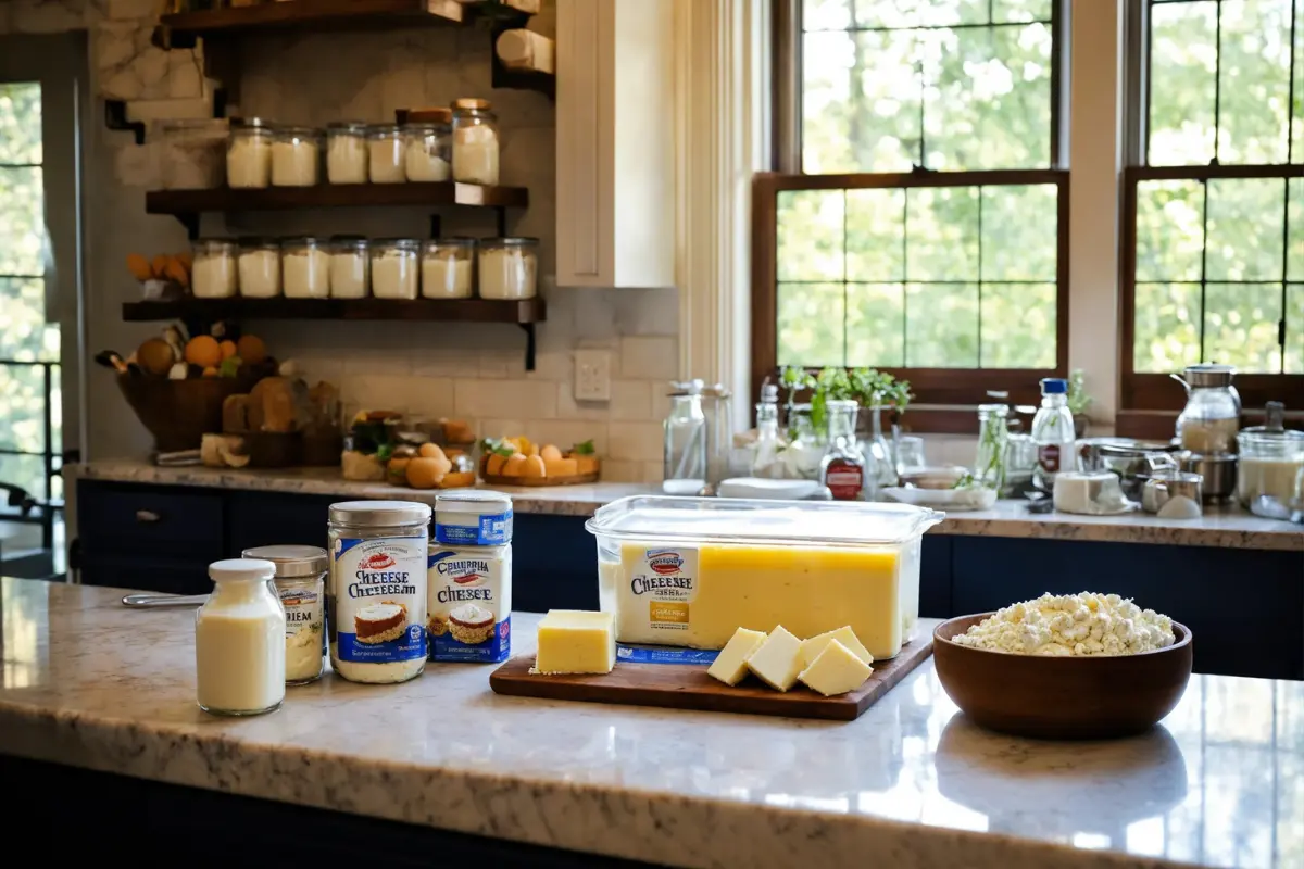 A kitchen counter with a variety of cheeses and yogurts on it. The cheeses include cheddar, brie, and goat cheese. The yogurts include plain, strawberry, and blueberry. There are also crackers and grapes on the counter.