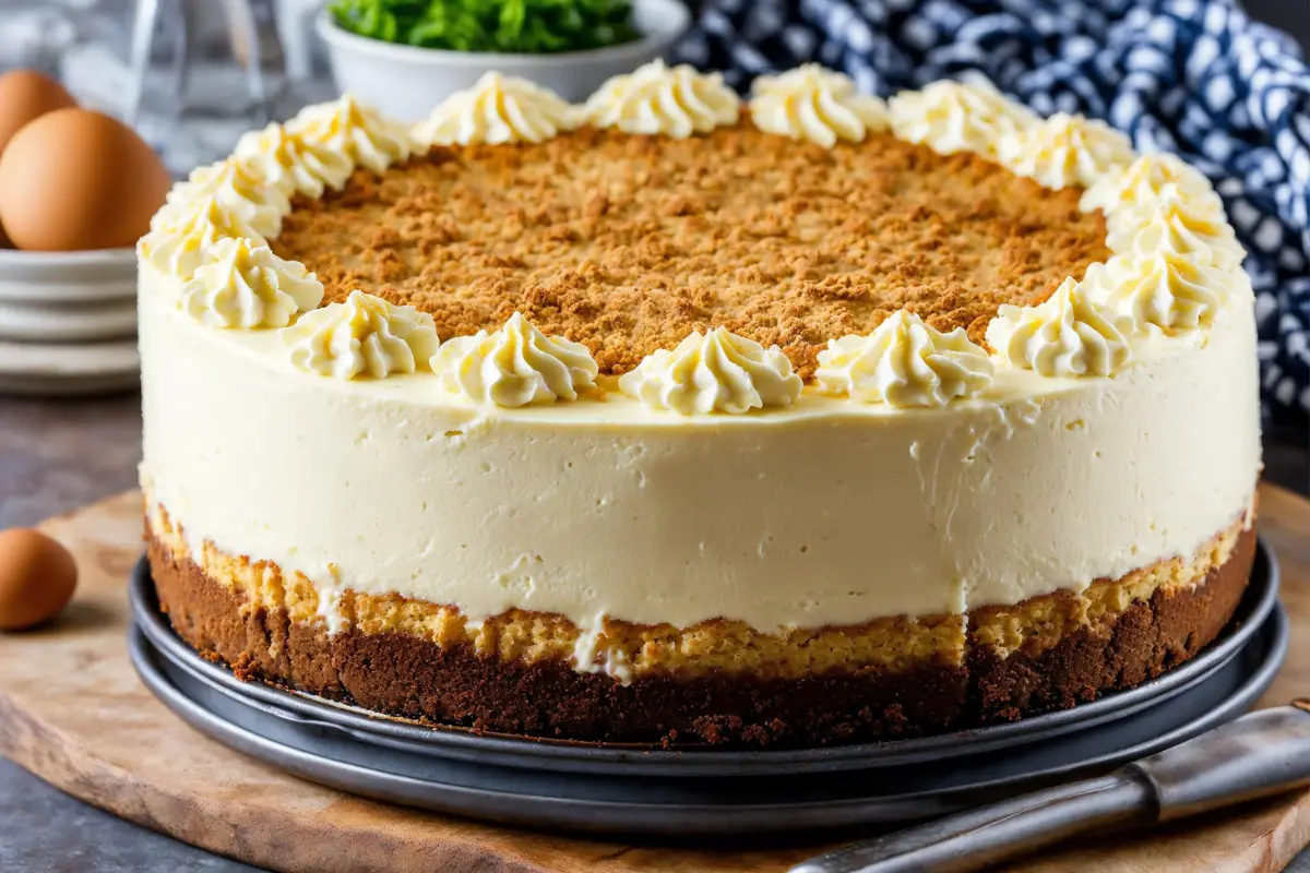 A delectable cheesecake, possibly New York-style, with a golden brown crust and a thick layer of smooth, white filling, sits on a metal cooling rack on top of a dark pan.