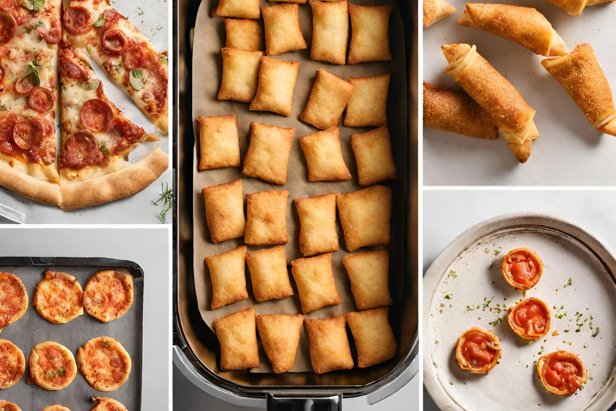 This image showcases a variety of air-fried pizzas, from cheesy classics to innovative creations.