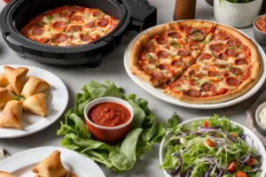 A table overflowing with pizzas, salads, and other appetizing dishes, perfect for a gathering or party.