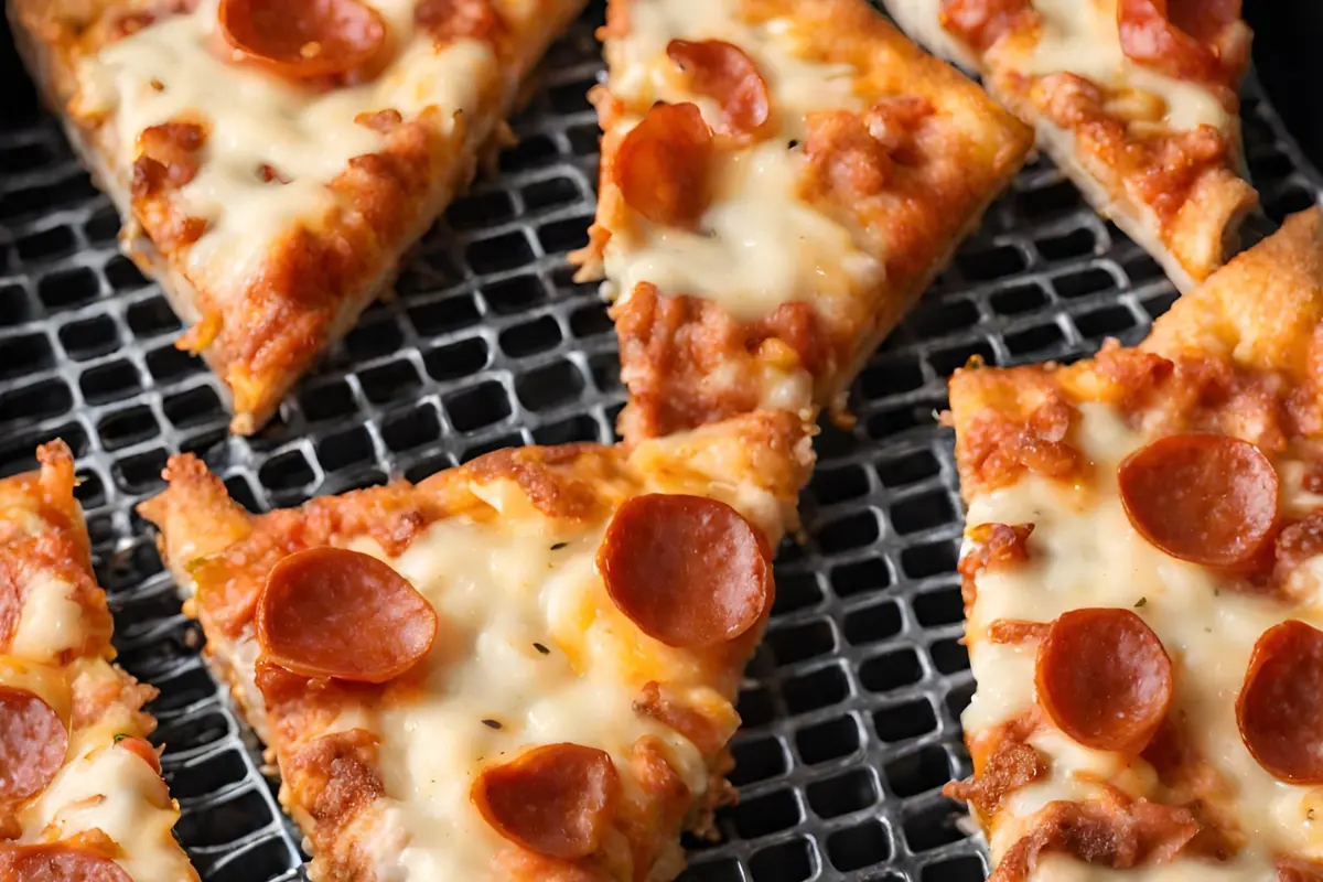 Slices of pepperoni pizza on an air fryer rack. The pizza crust is golden brown and the cheese is melted and bubbly. There are small, crispy bits of pepperoni around the edges of the slices.