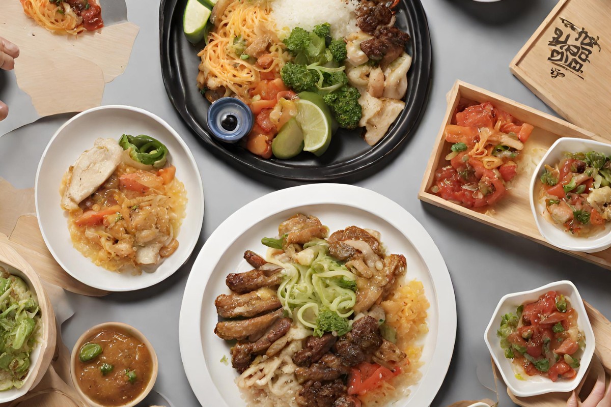 A colorful display of diverse dishes on a table, perfect for a celebratory gathering.