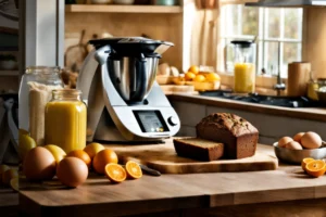 A well-lit kitchen counter featuring an assortment of breakfast ingredients: sliced bread, whole oranges, brown eggs, and a stainless steel blender.