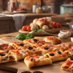 The image shows a wooden table topped with small pizzas of various kinds. Some of the cooking pizza rolls have visible toppings including pepperoni, peppers, and onions.
