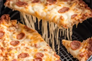 A close-up of a hand holding a spatula lifting a slice of pizza out of an air fryer basket. The pizza slice has a golden brown crust and melted cheese.