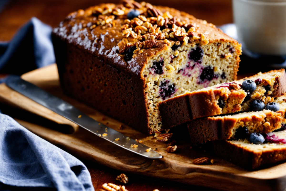 A moist and delicious-looking loaf of banana bread studded with blueberries and pecans, on a rustic wooden cutting board.