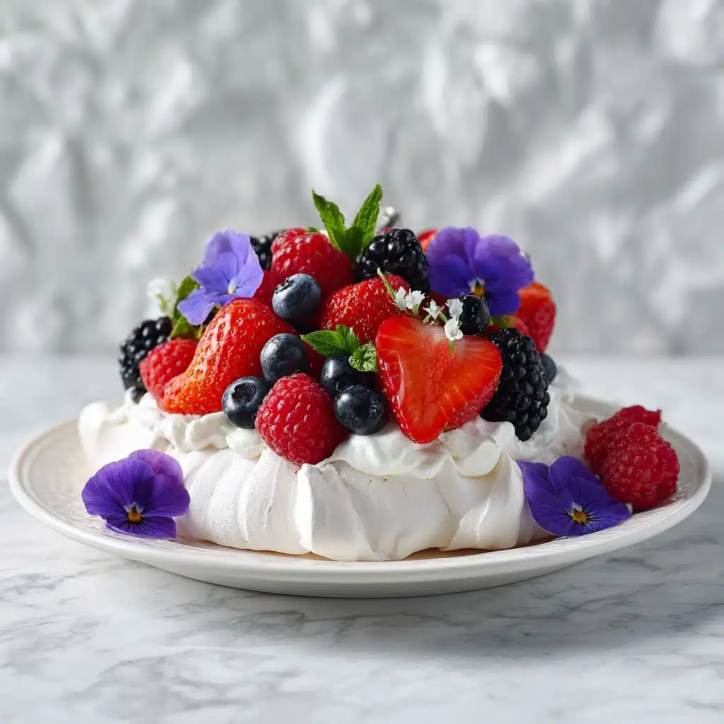 Pavlova with Berries and Edible Petals Recipe - Recipe Image