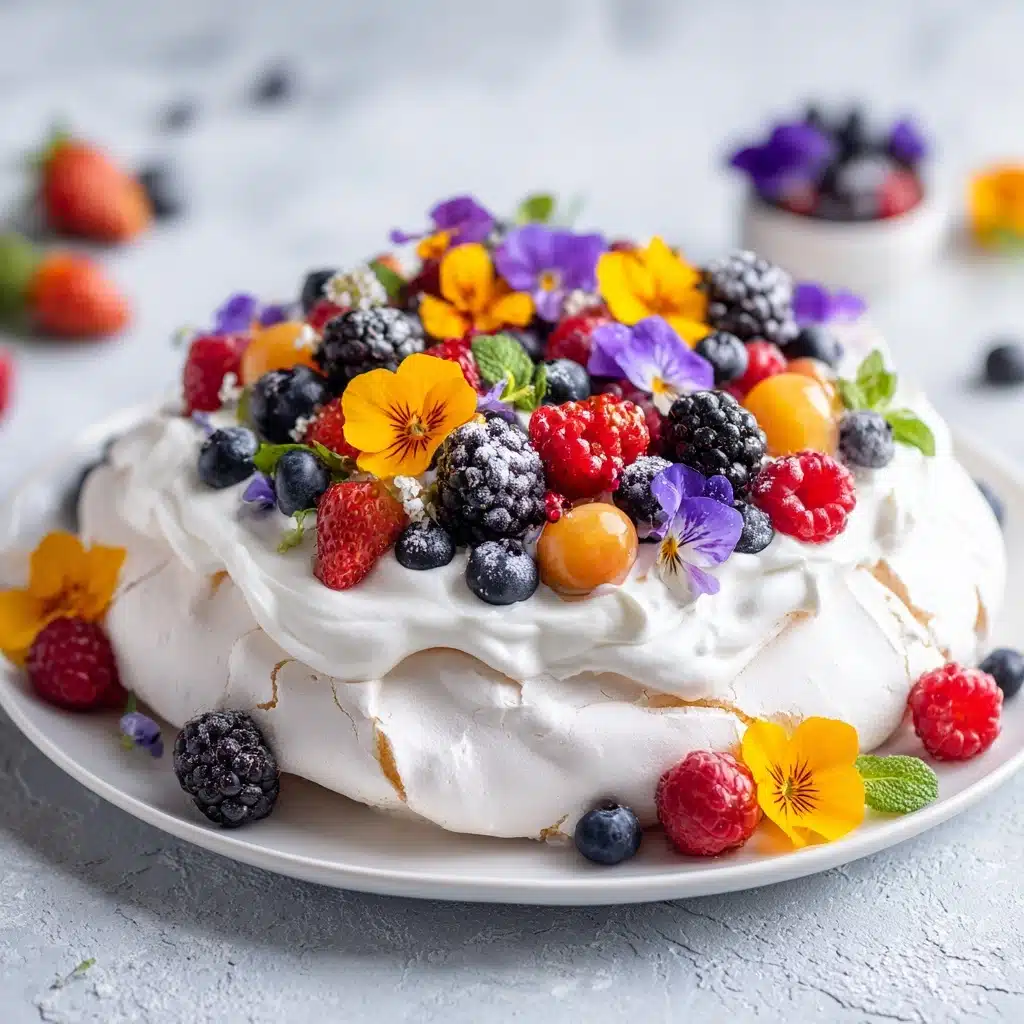 Pavlova with Berries and Edible Petals Recipe - Recipe Image