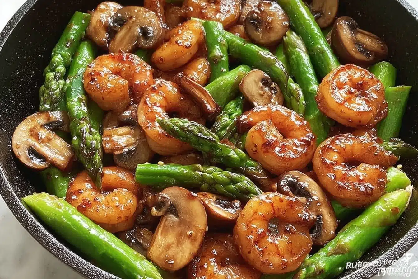 Garlic Butter Shrimp with Asparagus and Mushrooms Recipe - Recipe Image