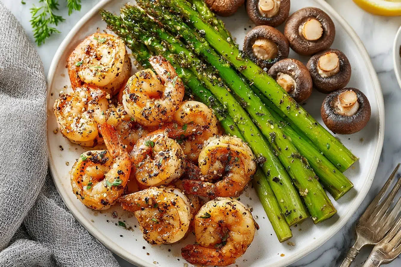 Garlic Butter Shrimp with Asparagus and Mushrooms Recipe - Recipe Image